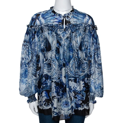 Pre-owned Roberto Cavalli Blue Printed Silk Ruffled Blouse S