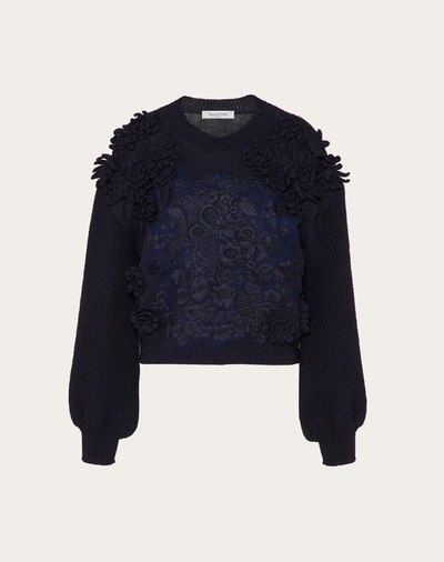 Valentino Embroidered Wool Sweater In Navy