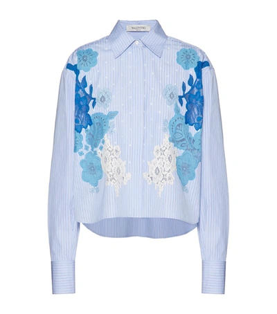 Valentino Floral Lace Embroidered Pinstriped Poplin Shirt In Blue