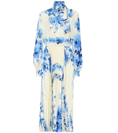 Valentino Tie-neck Pleated Delft-print Silk-twill Dress In Ivory/blue