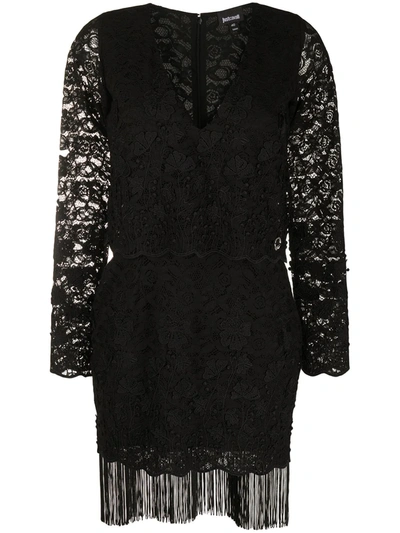 Just Cavalli Lace Pattern Fringed Dress In Black | ModeSens