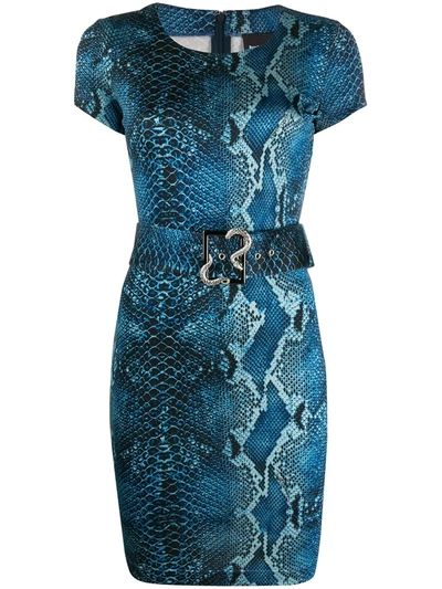 Just Cavalli Python-print Belted Dress In Blue
