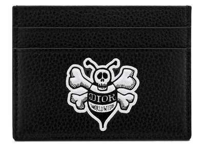 Pre-owned Dior And Shawn Card Holder Bee (4 Card Slot) Black