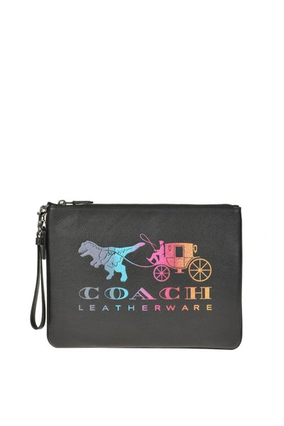 Coach Designer Logo Print Leather Clutch In Black