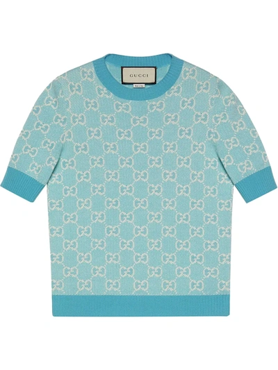 Gucci Gg Wool And Cotton Piqué Sweater In Light Blue Ivory