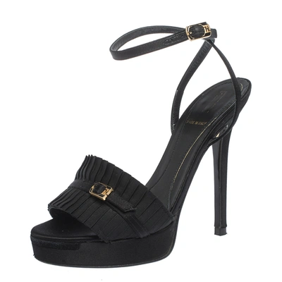 Pre-owned Fendi Black Satin Pleated Detail And Ff Logo Buckle Ankle Strap Platform Sandals Size 35