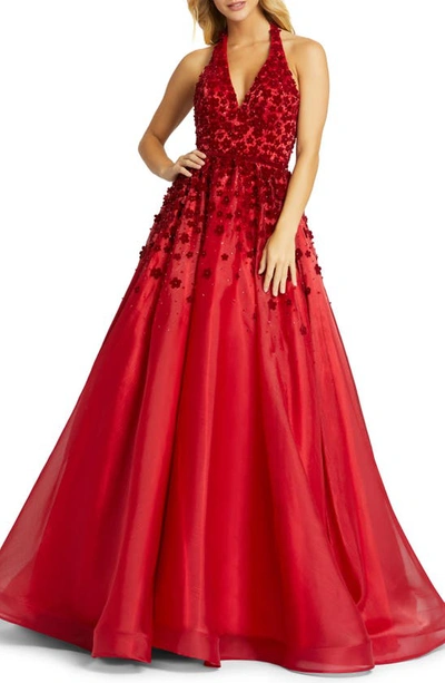 Mac Duggal Floral Applique Beaded Halter Neck Backless Gown In Ruby Red