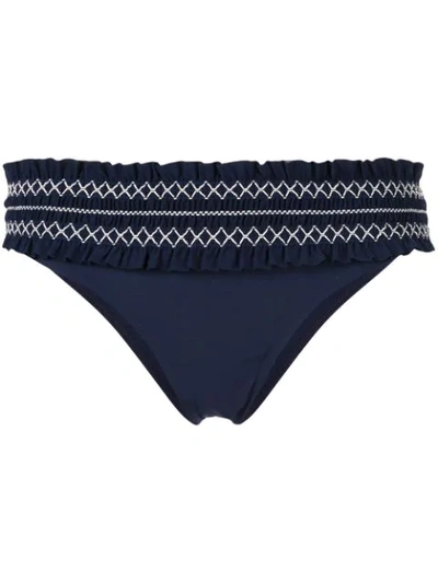 Tory Burch Costa Hipster Smocked Bikini Bottom In Tory Navy Ivory
