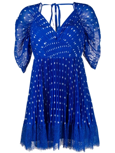 Self-portrait Lace-trimmed Pleated Polka-dot Chiffon Mini Dress In Blue