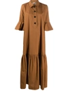 La Doublej Artemis Fluted-sleeve Cottton Maxi Shirt Dress In Tabacco