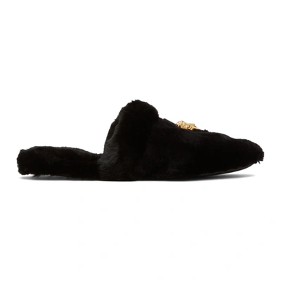 Versace Logomania Faux Fur Slipper In Black
