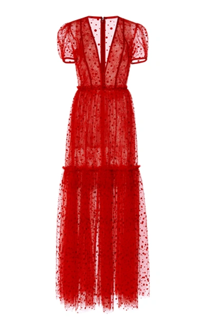 Costarellos Flocked Dot Plunging Neckline Tulle Dress With Tiered Skir In Red