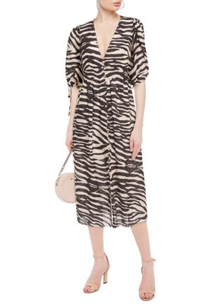 Zimmermann Shirred Zebra-print Linen-gauze Midi Dress In Animal Print