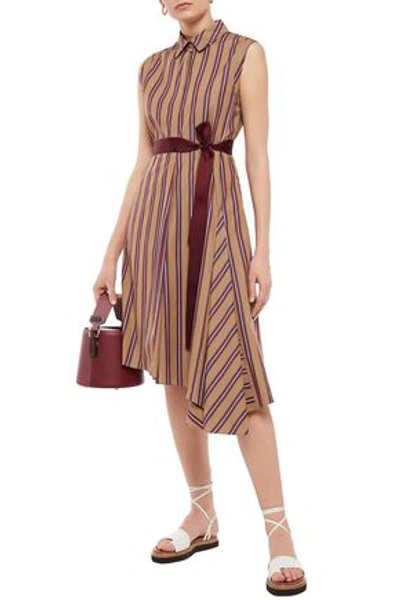 Brunello Cucinelli Pleated Striped Cotton-poplin Dress In Light Brown