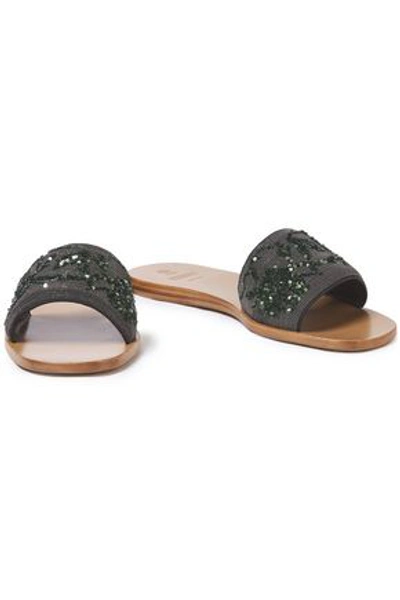 Brunello Cucinelli Bead And Sequin-embellished Leather Slides In Dark Gray