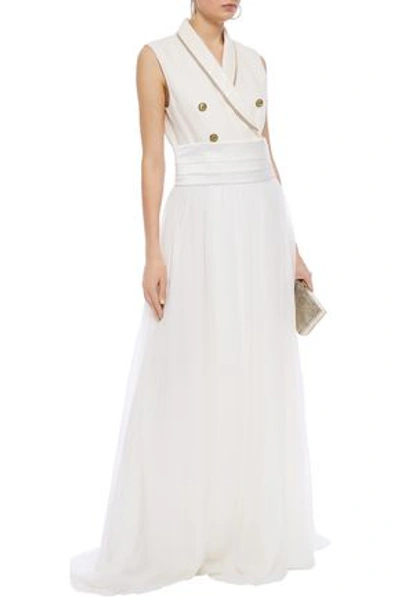 Brunello Cucinelli Embellished Herringbone Cotton And Linen-blend And Silk-chiffon Gown In Cream