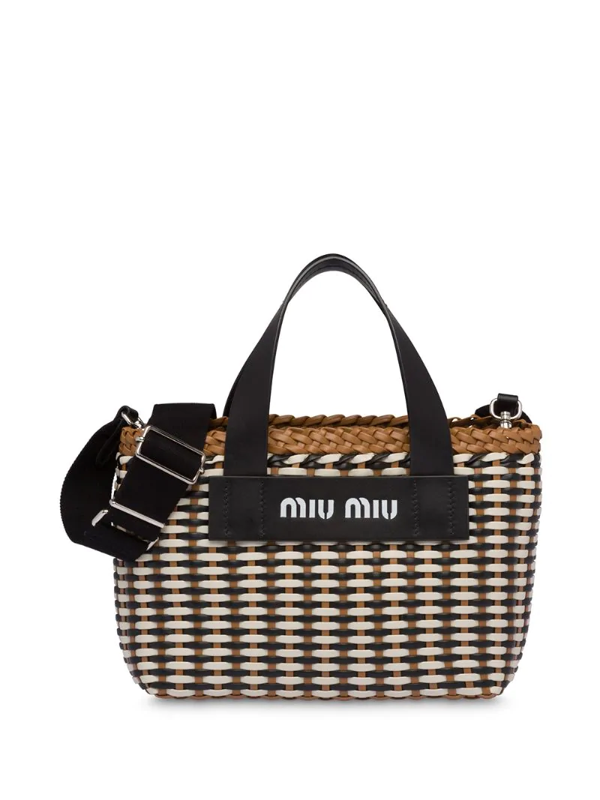 Miu Miu Intreccio Leather Detail Handbag In F0z40 Nero+caramel+tan ...
