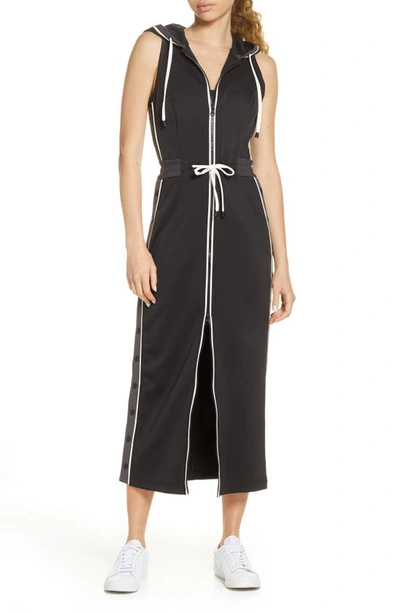 Blanc Noir Vista Sleeveless Hooded Midi Track Dress In Black/charcoal