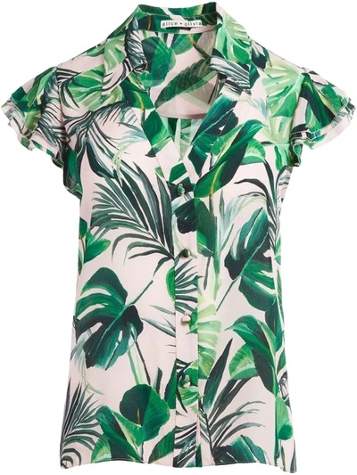 Alice And Olivia Randa Palm Print Ruffle Sleeve Silk Blouse In Multi-colour