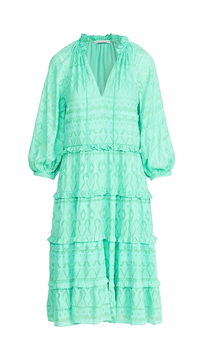 Alice And Olivia Layla Geo Burnout Long Sleeve Tiered Ruffle Cotton & Silk Dress In Jade