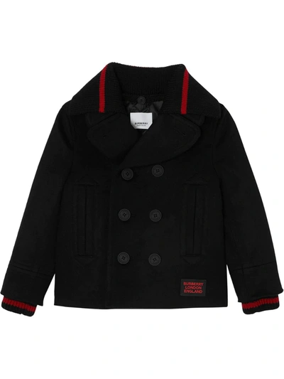 Burberry Kids' Detachable Knit Collar Wool Cashmere Blend Pea Coat In Black