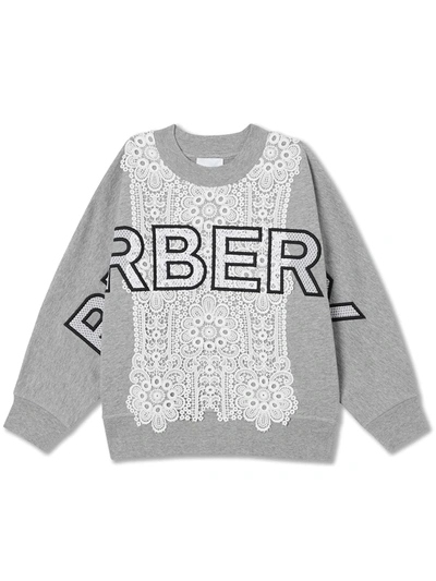 Burberry Kids' Logo Embroidered Lace Panel Cotton Sweatshirt In Grey