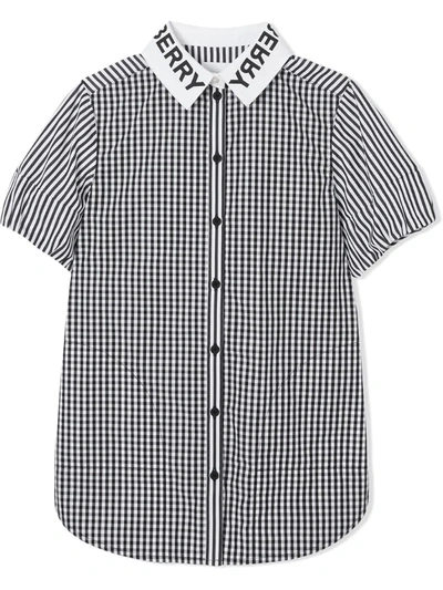 Burberry Kids' Logo Print Striped And Gingham Cotton Shirt Dress In Black