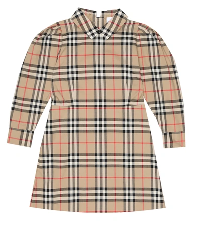 Burberry Kids' 经典格纹泡泡袖连衣裙 In Beige