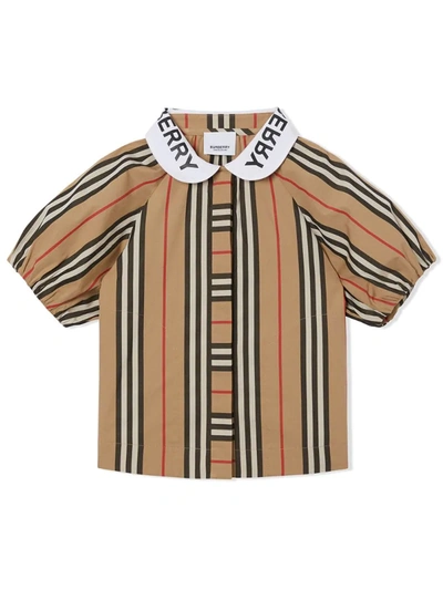 Burberry Kids' Logo Print Puff-sleeve Icon Stripe Cotton Blouse In Neutrals