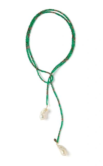 Joie Digiovanni Onyx; Pyrite And Pearl Lariat Necklace In Green