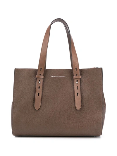 Brunello Cucinelli Shopper Bag Texture Calfskin Bag With Monili And Adjustable Handles In Brown