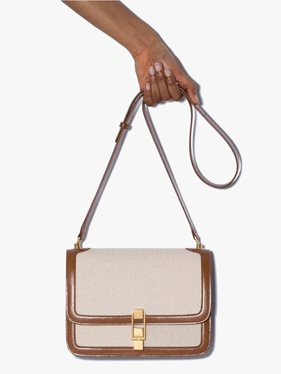 Saint Laurent 'carre' Leather Canvas Shoulder Bag In Neutrals