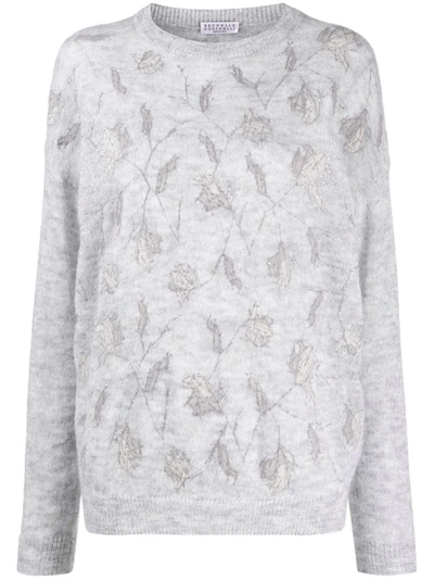 Brunello Cucinelli Floral Embroidery Knitted Jumper In Grey