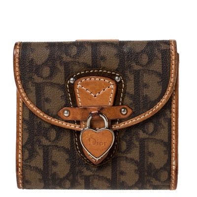 Pre-owned Dior Brown Oblique Print Coated Canvas And Leather Romantique Compact Wallet