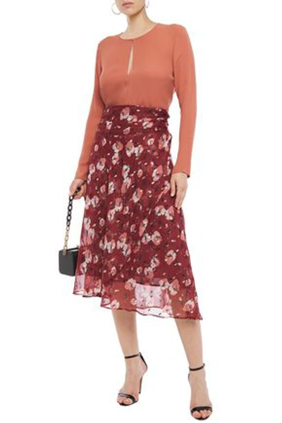 Walter Baker Ruched Floral-print Chiffon Midi Skirt In Brick