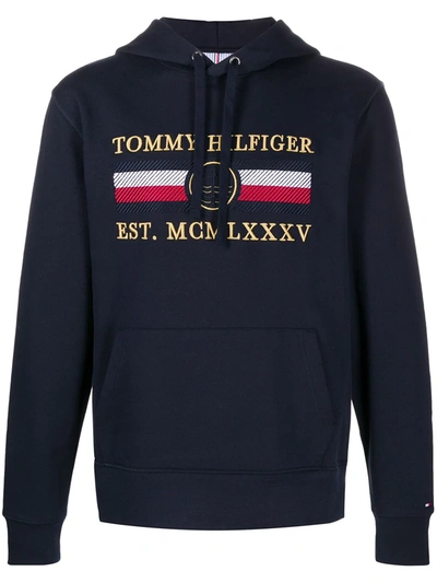 Tommy Hilfiger Embroidered Logo Cotton Hoodie In Blue