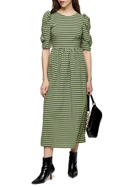 Topshop Cross Back Midi Dress In Lime Gingham-green In Lime Multi