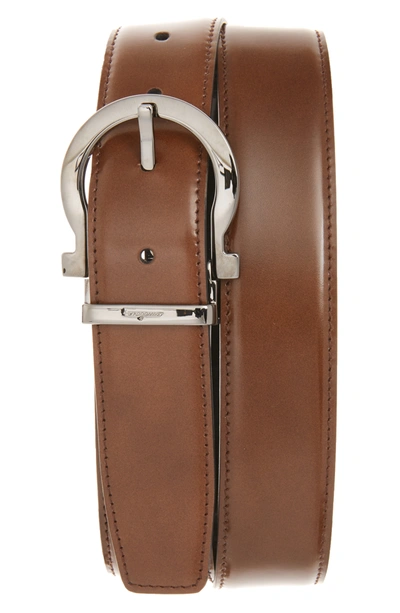 Ferragamo Men's Reversible Leather Gancio Buckle Belt In Madera Brown