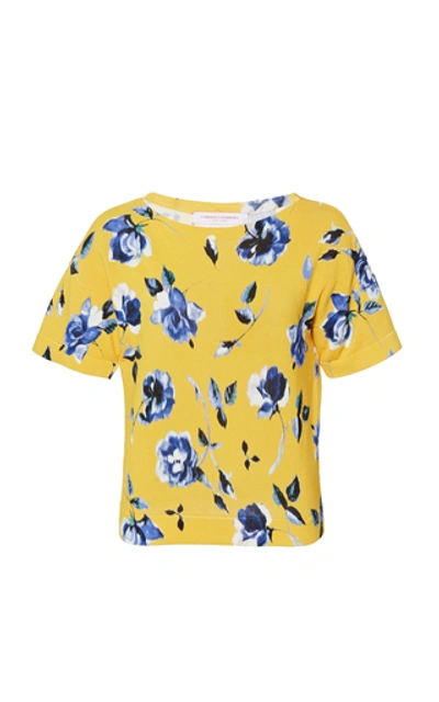 Carolina Herrera Rose Print Boat Neck T-shirt In Yellow