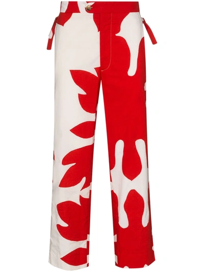 Bode Cutout Appliqué Cotton Trousers In Red