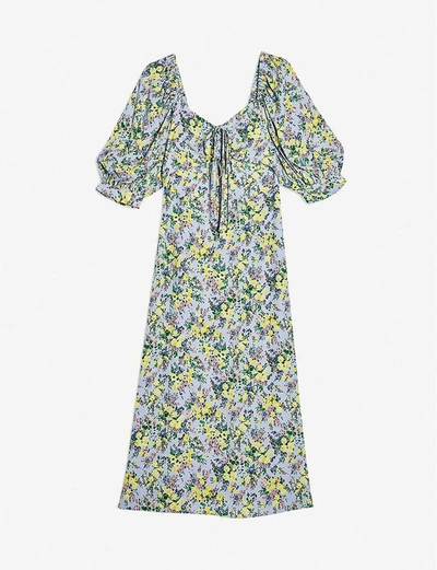 Topshop Floral-print Cut-out Crepe Midi Dress In Blue