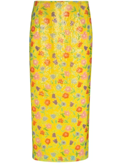 Bernadette Yellow Roxane Sequin Floral Midi Skirt