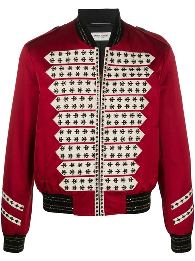 Saint Laurent Fleur De Lys-beaded Satin Bomber Jacket In Red