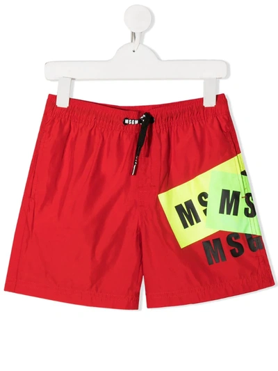 Msgm Kids' Logo Print Swim Shorts In Red