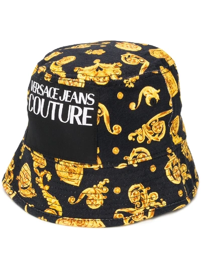 Versace Jeans Couture Baroque Pattern Logo Patch Bucket Hat In Black ,yellow
