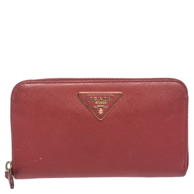 Pre-owned Prada Red Saffiano Lux Leather Zip Around Wallet