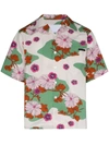 Prada Green Floral Print Cotton Bowling Shirt In Multicolor