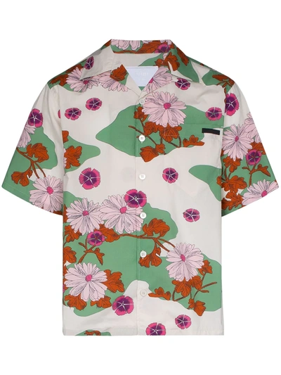 Prada Green Floral Print Cotton Bowling Shirt In Multicolor