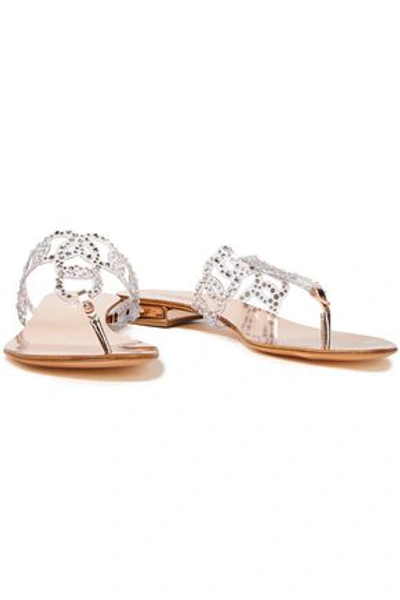 Casadei Metallic Leather-trimmed Crystal-embellished Pvc Sandals In Rose Gold