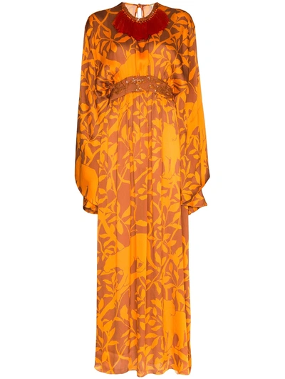 Johanna Ortiz Tassel-trimmed Embellished Printed Crepon Kaftan In Orange